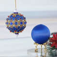 Load image into Gallery viewer, Christmas push pin ornament kit showing two satin foam balls - one is a completed handmade ornament, and the other is a clean shiny core for crafting. (Dark Slate Blue)