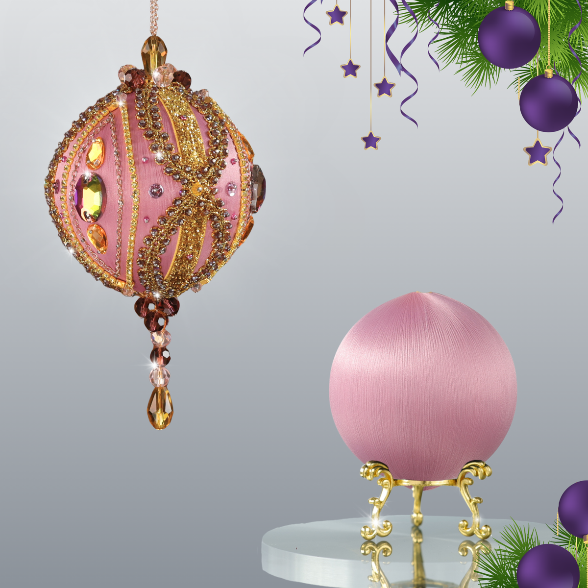 DIY Christmas Beaded Satin Ornament Kit showing a completed ball embellished with glass rhinestones, gold braided trim, and crystal beads, and a bare foam core ball wrapped in satin threads by Whim5seasons.