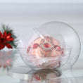 Load image into Gallery viewer, Handmade satin push pin ornament featuring large red cameos, gold beads, and gold chains, in a clear round storage container with a Christmas branch in the background by Whim5seasons. (Coral)