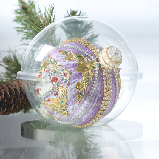 Handmade satin push pin ornament in a clear storage container, richly embellished with rhinestones, gold and silver rhinestone chains, and large topper beads by Whim5seasons.