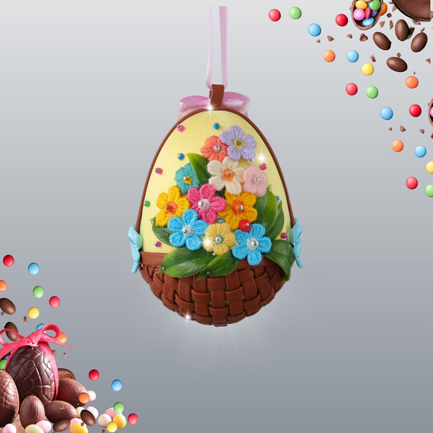 Colorful handmade Easter-themed egg ornament with embroidered flower accents, leather woven basket, and green leaf details by Whim5seasons.