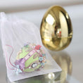 Load image into Gallery viewer, Gold egg-shaped storage container with a handmade push pin Easter Faberge style ornament in organza nag by Whim5seasons. (Lime).
