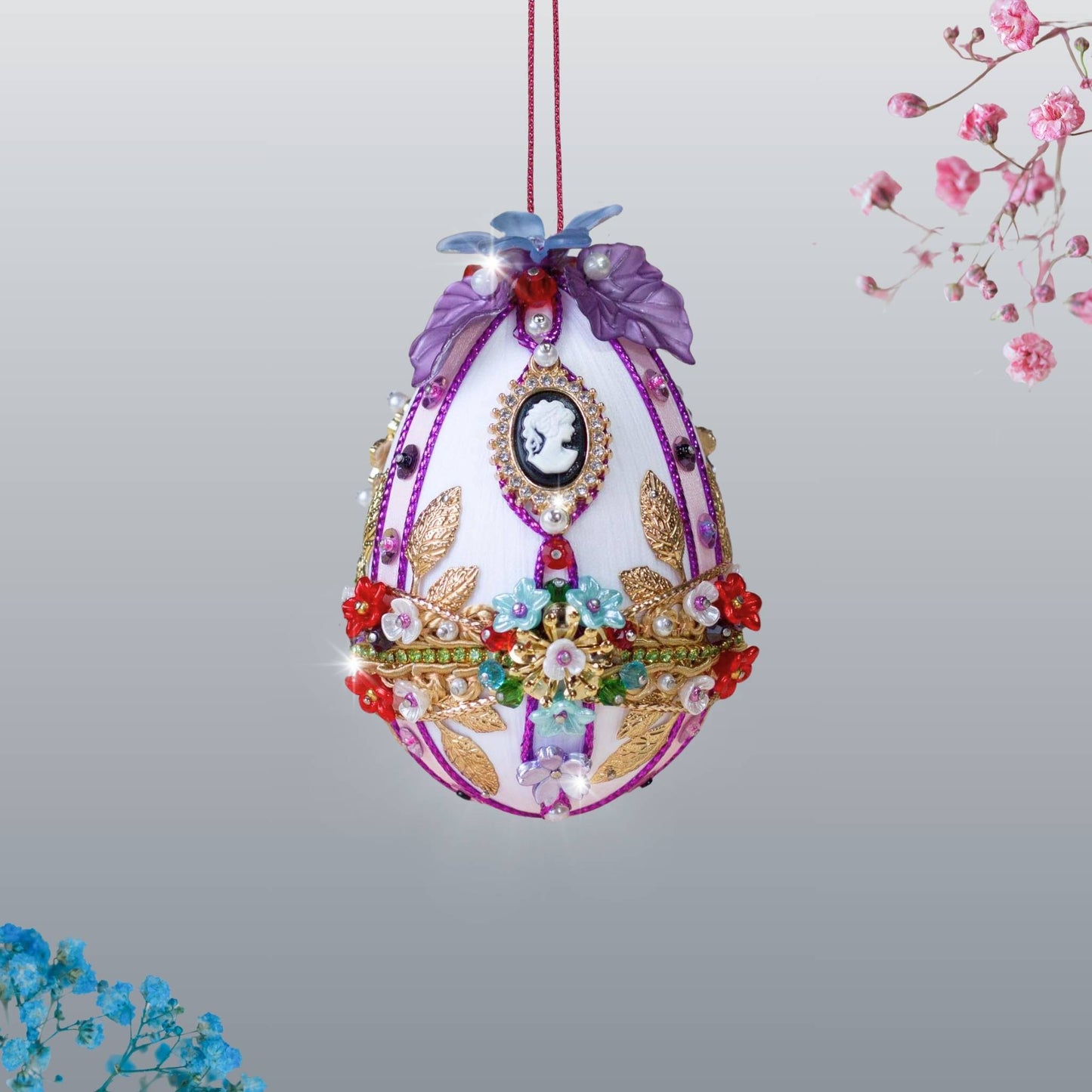 Gold egg-shaped storage container with a handmade push pin Easter Faberge style ornament in organza nag by Whim5seasons. (Lime).
