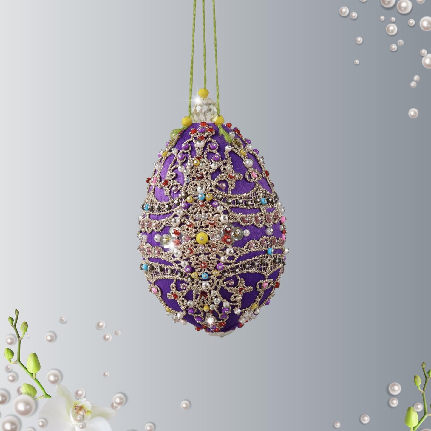 Handmade satin beaded Easter egg ornament - Faberge style - featuring bright pink color, rose gold trim, and multicolor beads applied to a foam core ornament by Whim5seasons.