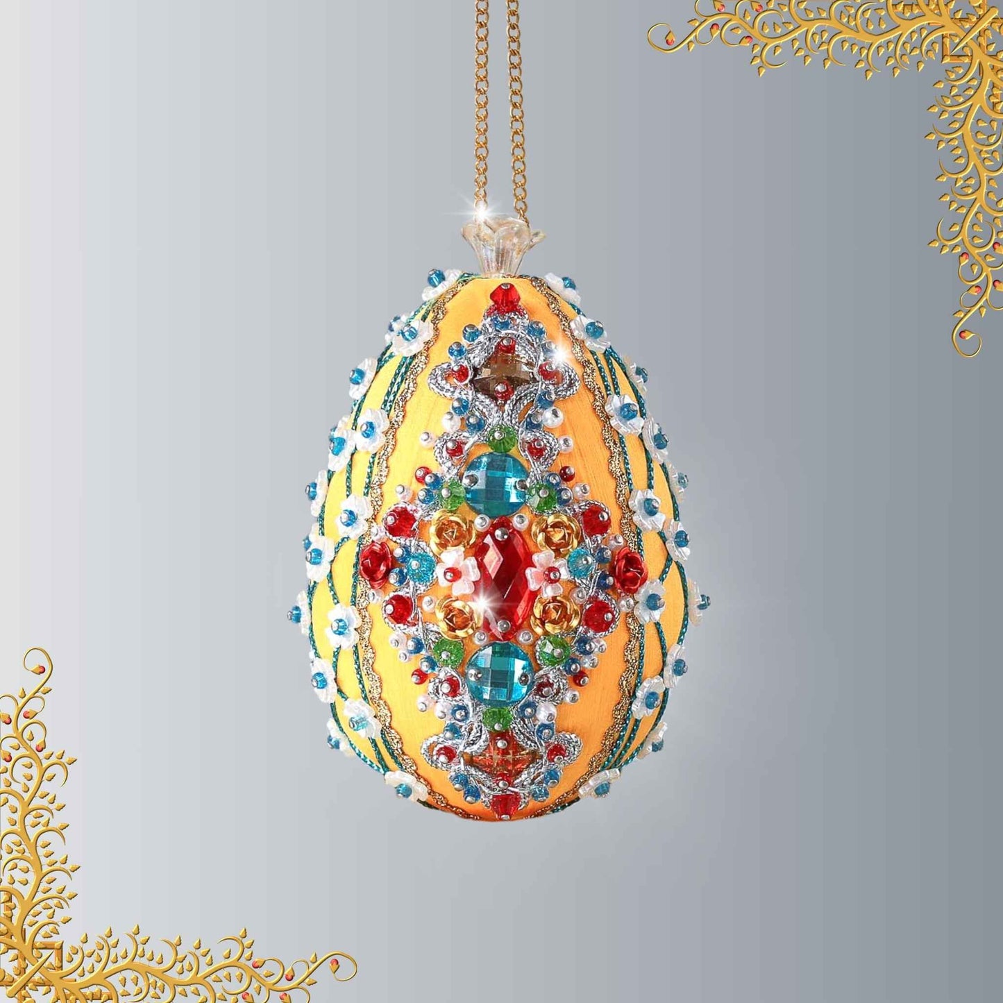 Handmade Easter Egg Ornament was completed by push pin method using premium satin gold egg shaped core, aluminum rose embellishments, gold beads, and metallic trim by Whim5seasons.