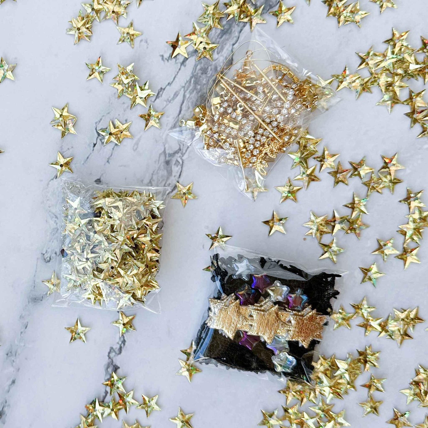 New Year Star Ornament Kit Materials include: gold star trim and sequin, rhinestone chains, pins, and more - from Whim5seasons. (Dark Slate Blue)