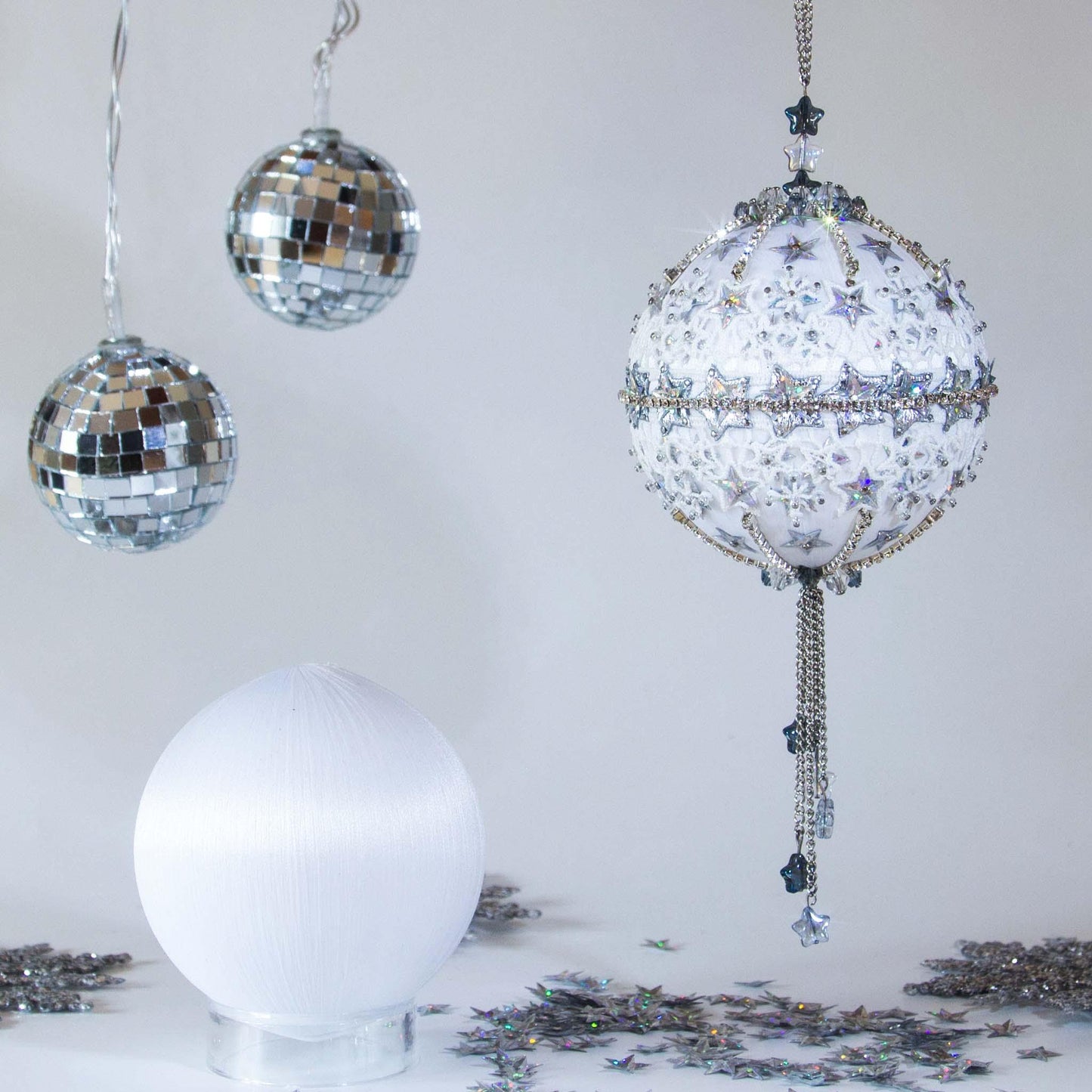 New Year Star Sequin Ornament Kit in white color from Whim5seasons is a 3-4 hour project for an intermediate skill level. (White)