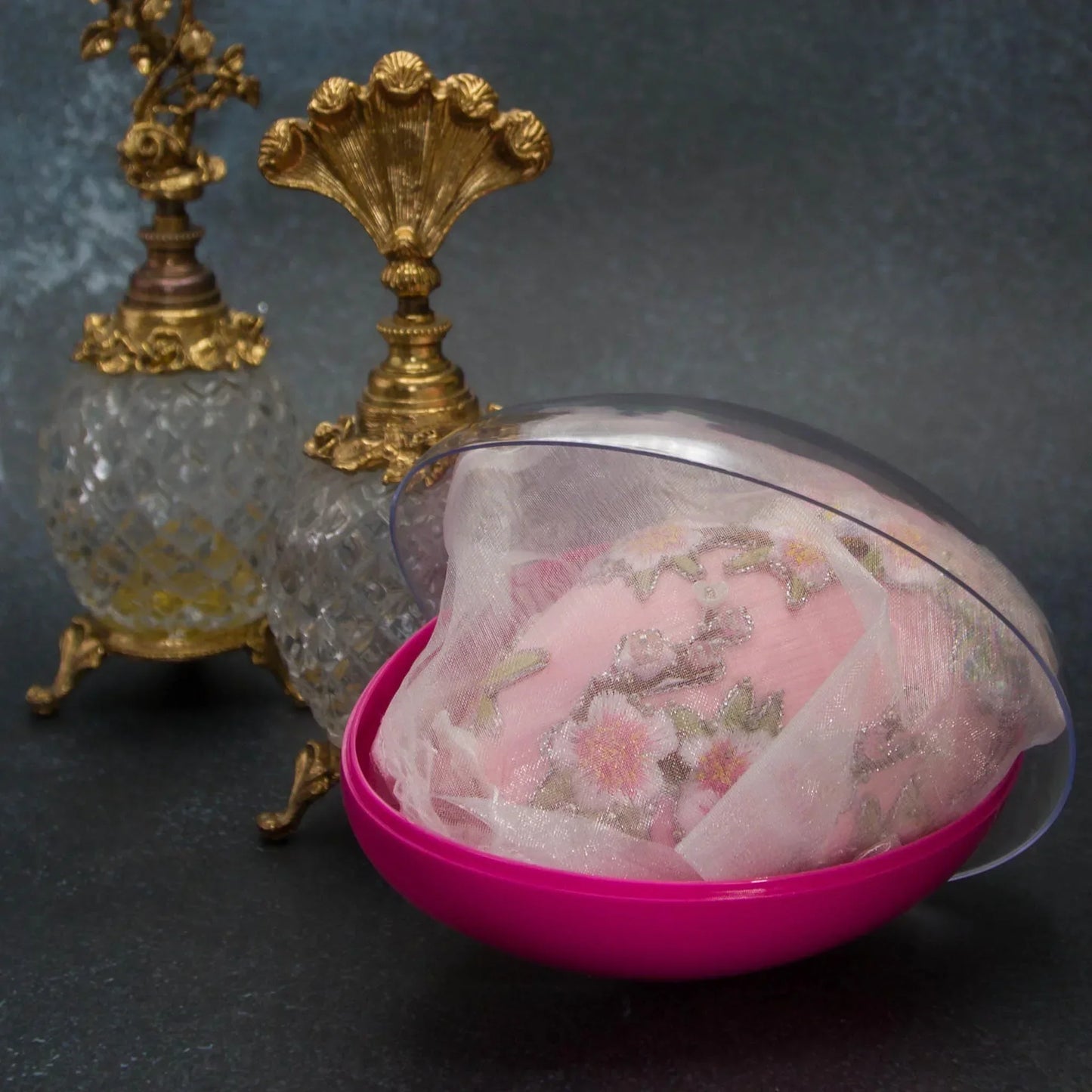 Handmade Easter Egg Satin Ornament by Whim5seasons packed in organza bag and a pink container with a clear lid. (Light Pink)