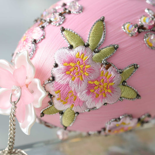 Top Pearly flower on handmade Easter Egg Push Pin Ornament by Whim5seasons showcasing dressmaker pins applied to satin foam core.