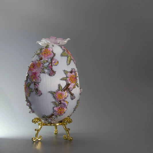 Handmade Easter Egg Satin Ornament by Whim5seasons - white satin egg with pink plum bloom embroidery patches and silver cording. (White)