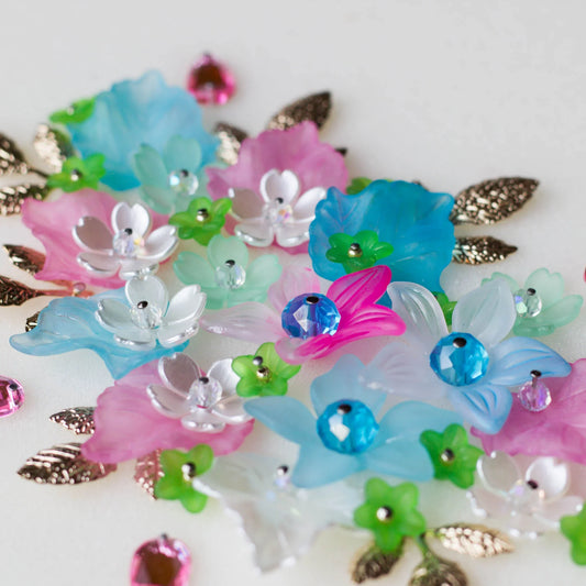 Custom mix of clue, pink, and gold leaves with flowers - essential embellishing kit from Whim5seasons.