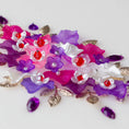 Load image into Gallery viewer, Ornament Supplies - close-up of embellishments, purple and pink, and pearlesque leaves, glass see beads, and gold alloy charms - Whim5seasons.