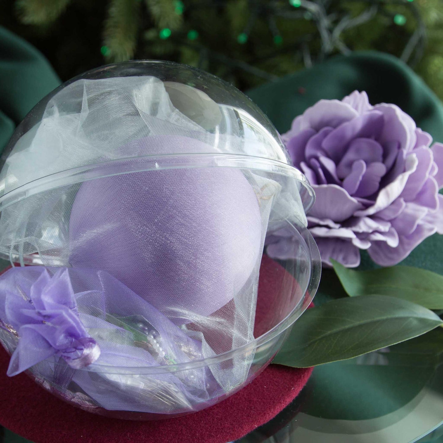 Satin Ornament Kit packed ready to go: purple ball, crafting materials, clear container against a floral background. From whim5seasons. (Medium Purple).