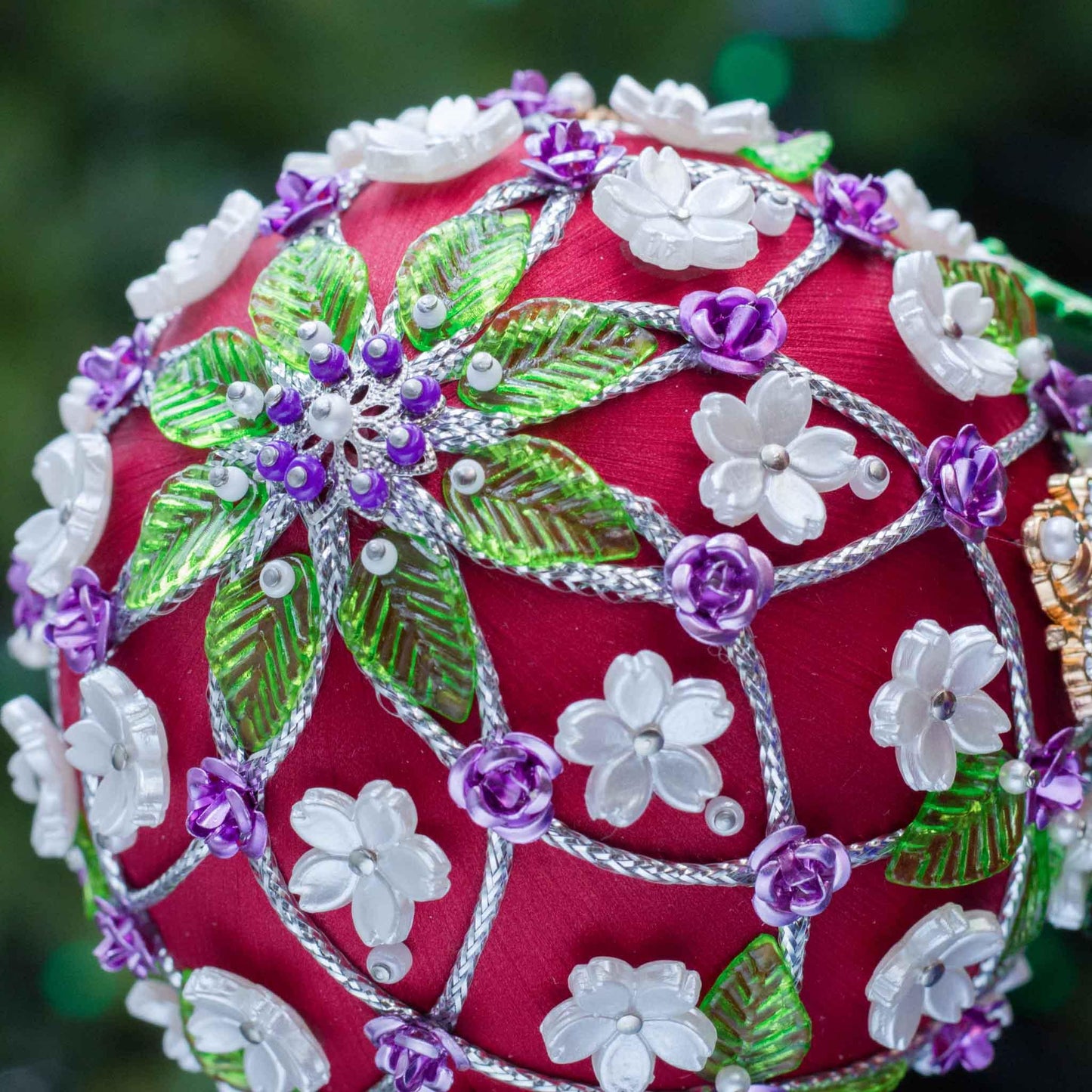 Trellis Satin Ornament -Dark red beaded Christmas Ornament, adorned with pearl flowers, leaf charms, beads, and gold bees. (Dark Red)