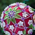 Load image into Gallery viewer, Trellis Satin Ornament -Dark red beaded Christmas Ornament, adorned with pearl flowers, leaf charms, beads, and gold bees. (Dark Red)