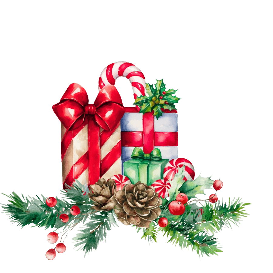 Christmas-themed decorative elements including candy canes, presents, and greenery on a white background