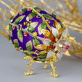 Load image into Gallery viewer, Handmade Easter Egg Push Pin  Ornament adorned with flowers, gold leaves, floral trim, and crystal beads. Top detail. (Indigo).
