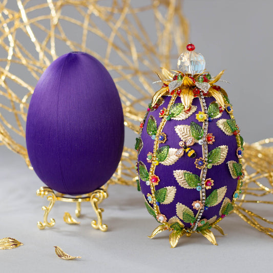 Complete Kit to make Purple Easter Egg Push Pin Ornament embellished with flowers, leaves, gold floral trim, and crystal beads. DIY. (Indigo).