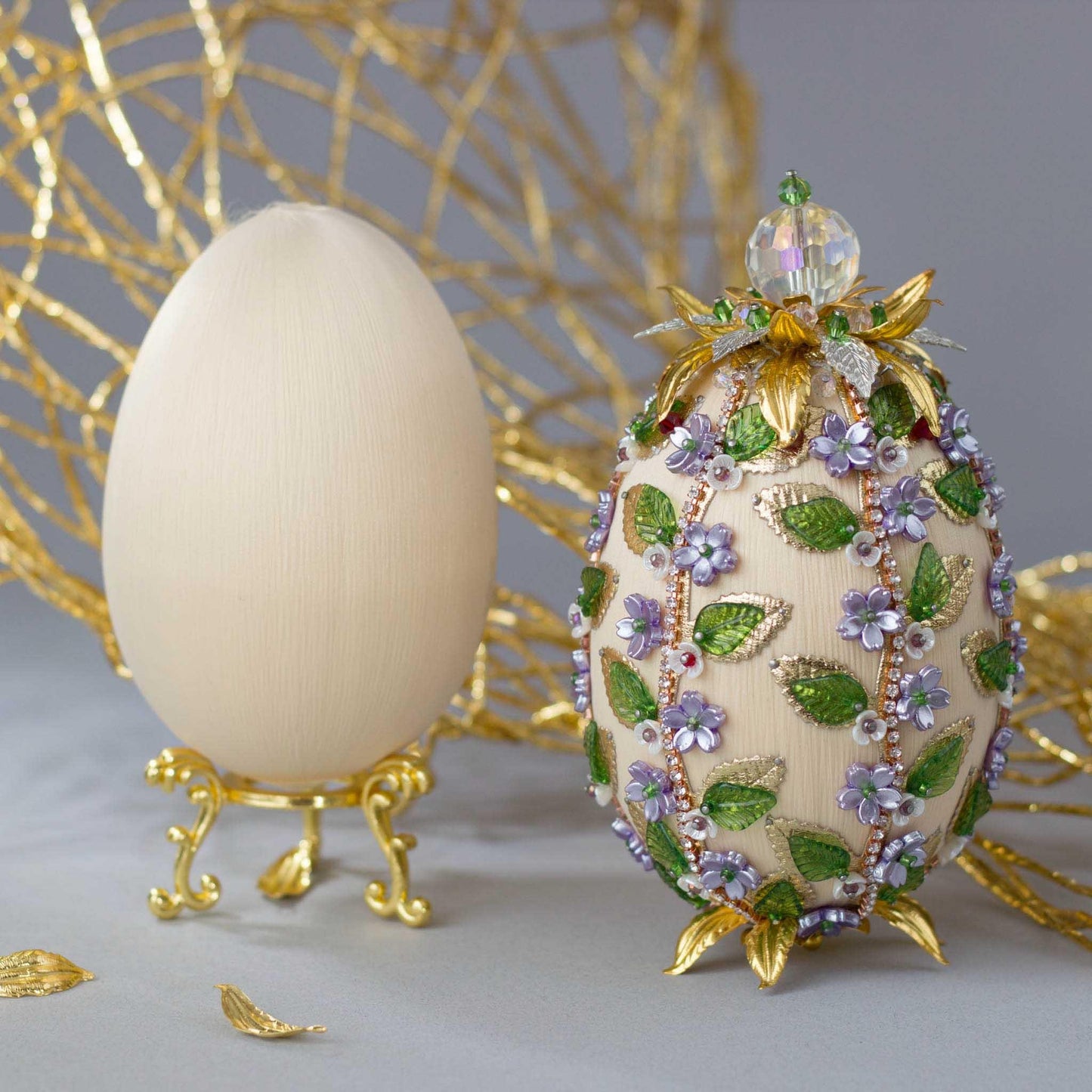 Complete Kit to make Easter Egg Beaded Ornament embellished with flowers, leaves, gold floral trim, and crystal beads. Handmade. (Old Lace).