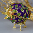 Load image into Gallery viewer, Easter Egg  Satin Handmade Beaded Ornament embellished with flowers, leaves, gold floral trim, and crystal beads by Whim5seasons. (Indigo).
