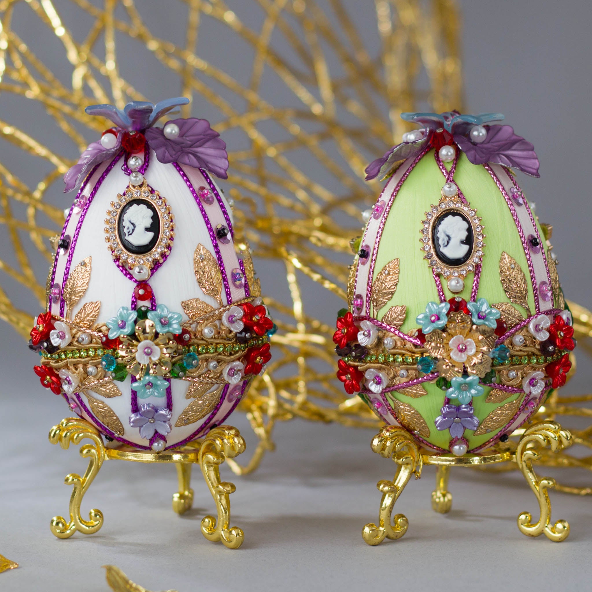 Collection of bright push pin vintage inspired Easter Egg handmade ornaments with gold cameo, ribbons, flowers, and beads - Whim5seasons.