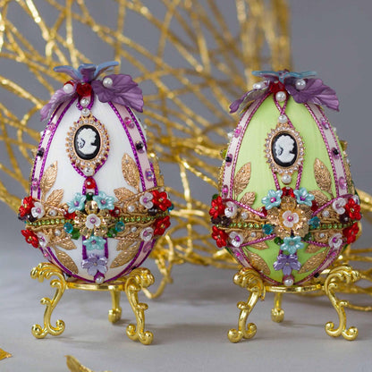 Collection of bright push pin vintage inspired Easter Egg handmade ornaments with gold cameo, ribbons, flowers, and beads - Whim5seasons.