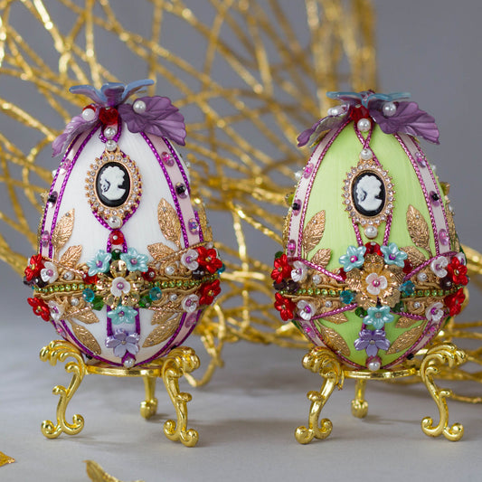 Collection of bright push pin vintage inspired Easter Egg handmade ornaments with gold cameo, ribbons, flowers, and beads - Whim5seasons.