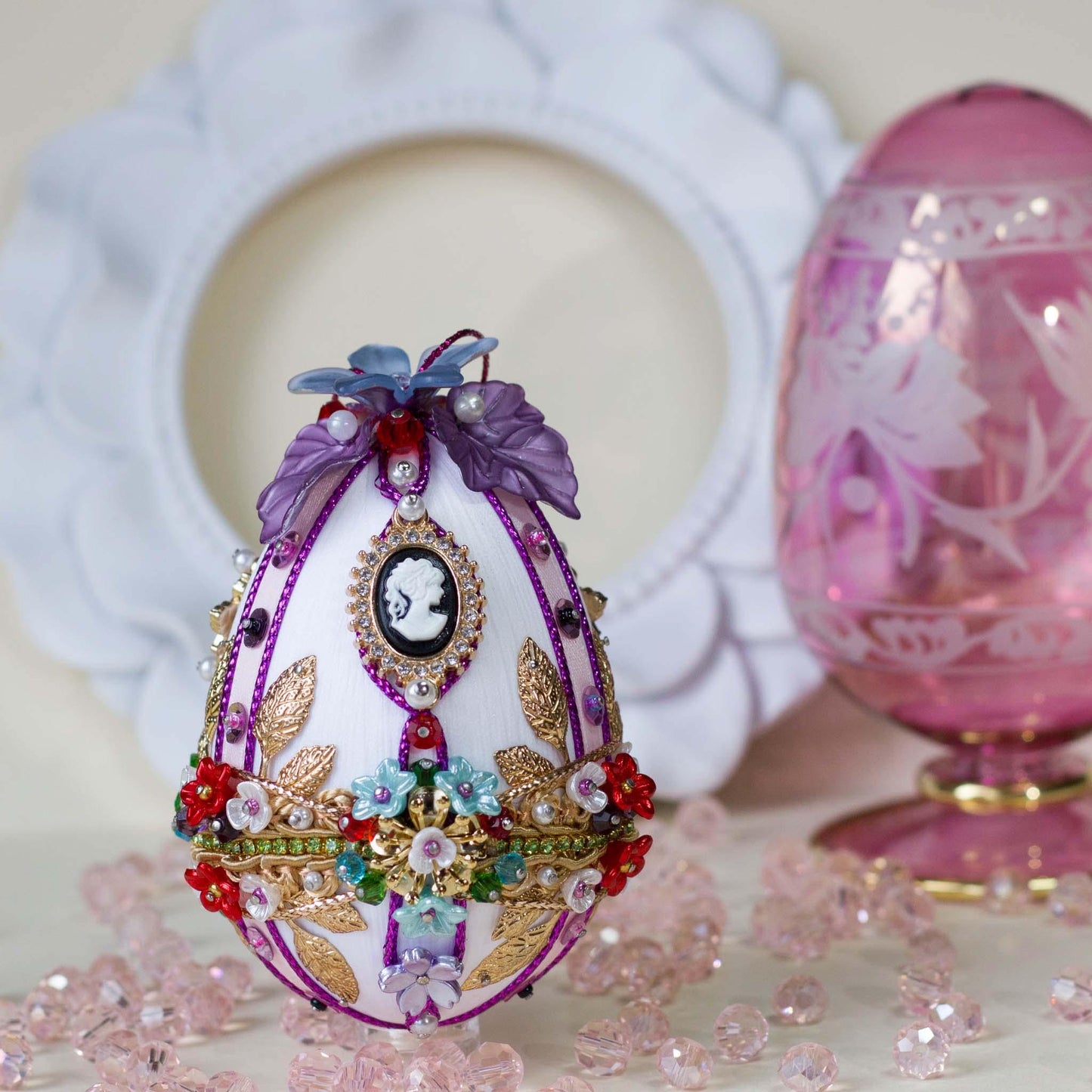 Complete Kit to make Easter Egg Beaded Ornament embellished with flowers, leaves, gold floral trim, cameo, and crystal beads. DIY. (White).