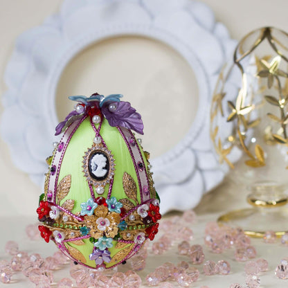 Handmade Kit to craft an Easter Egg Beaded Ornament by pushing pins with flowers, leaves, and crystal beads onto a satin form. DIY. (Lime).