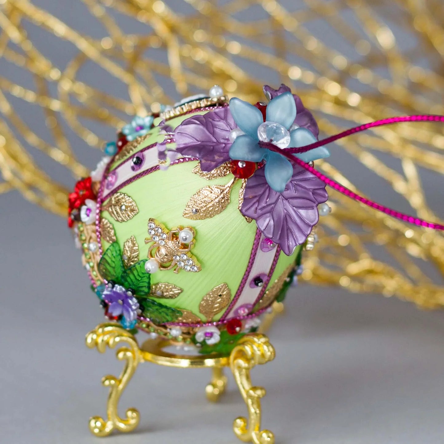 Anna Handmade Easter Egg Beaded Ornament embellished with flowers, leaves, gold floral , and beads - Top flower. (Lime).