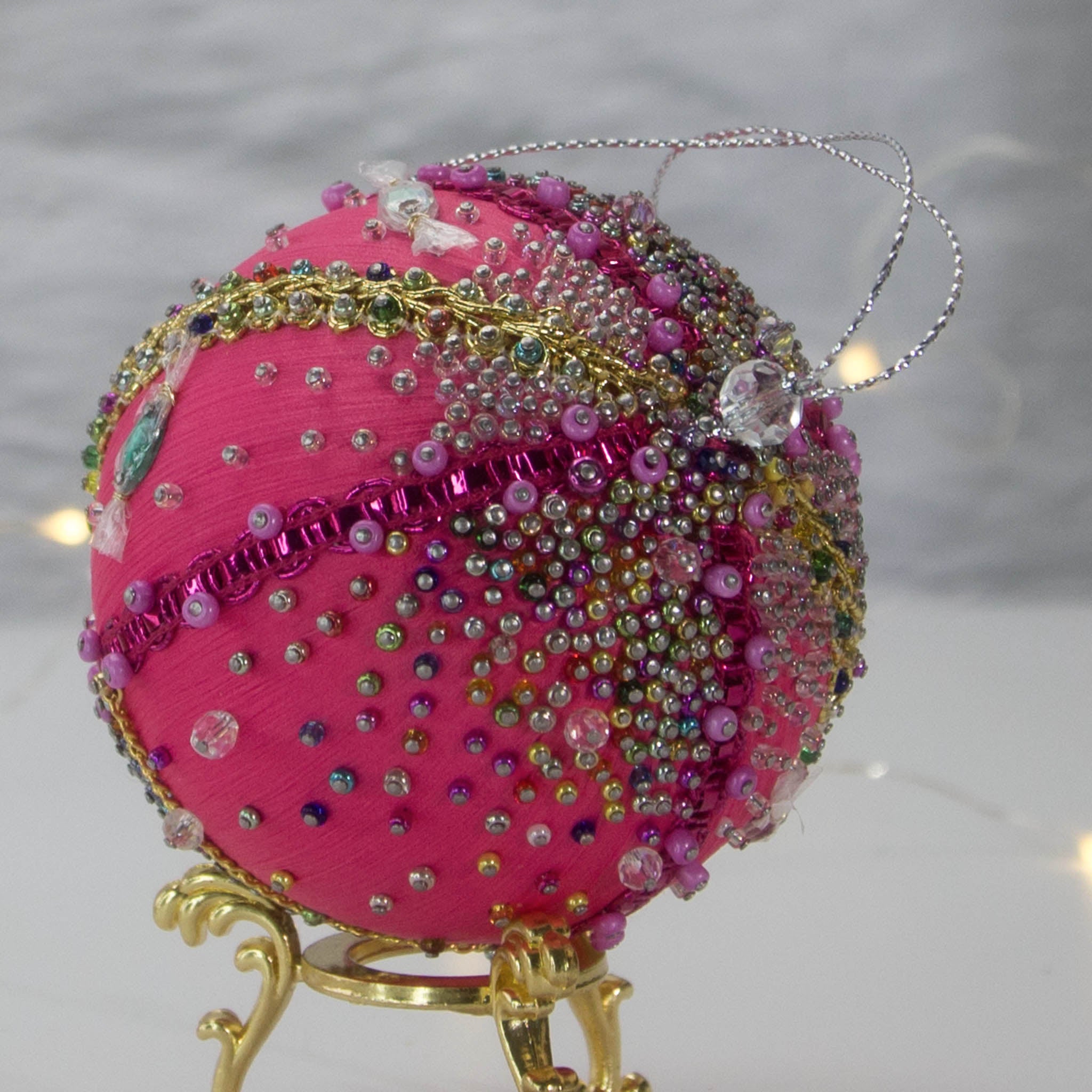 Beaded Sequin Christmas Satin Ornament Push Pin Kit DIY Vintage Candy pink top detail