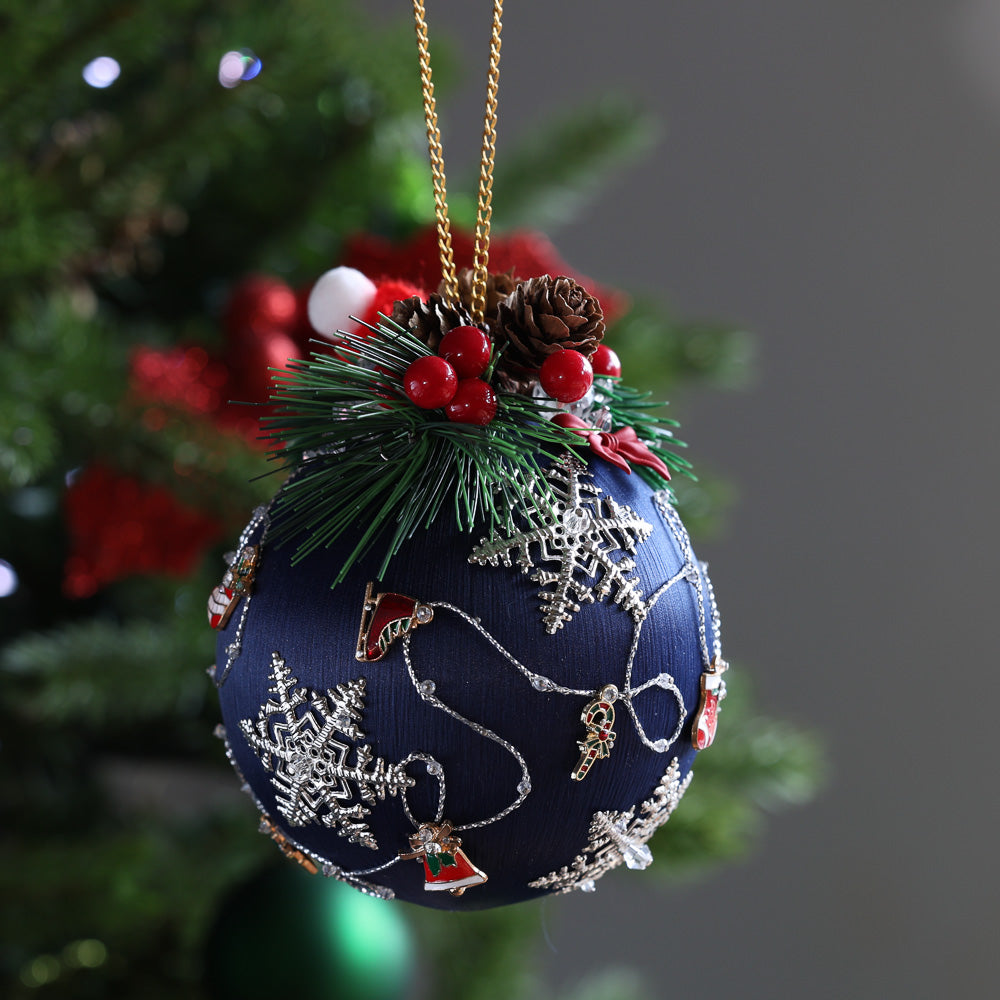 Handmade Push Pin Ornament with  pinecones and a skate charm.(Navy)