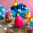 Load image into Gallery viewer, Colorful Easter egg push pin kit and chicks with flowers on a pink background.  (Medium Pink)
