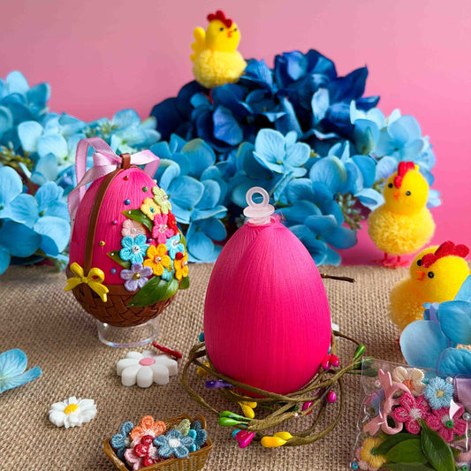 Colorful Easter egg push pin kit and chicks with flowers on a pink background.  (Medium Pink)