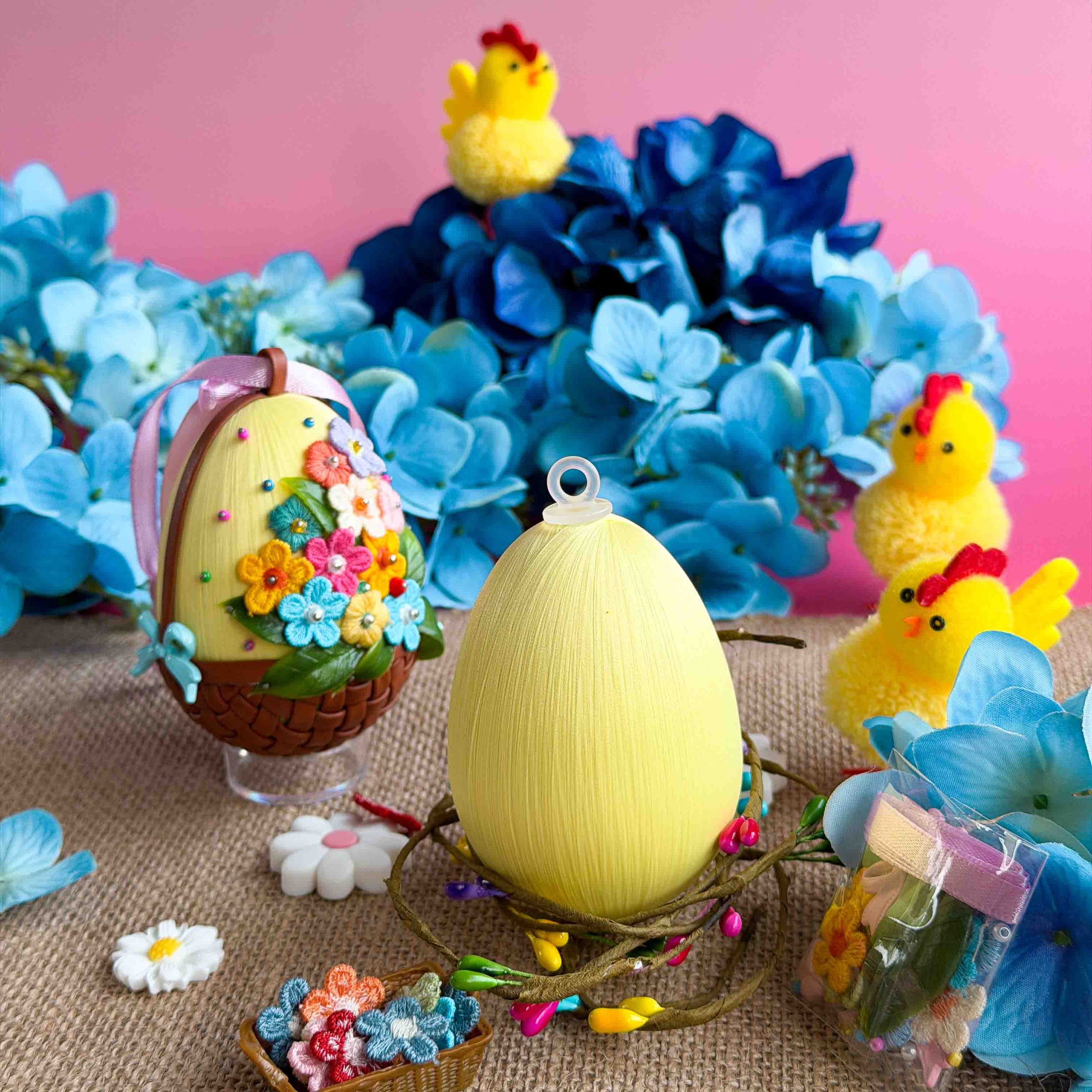 Decorative Easter eggs and chicks with flowers on a pink background. (Light Yellow)
