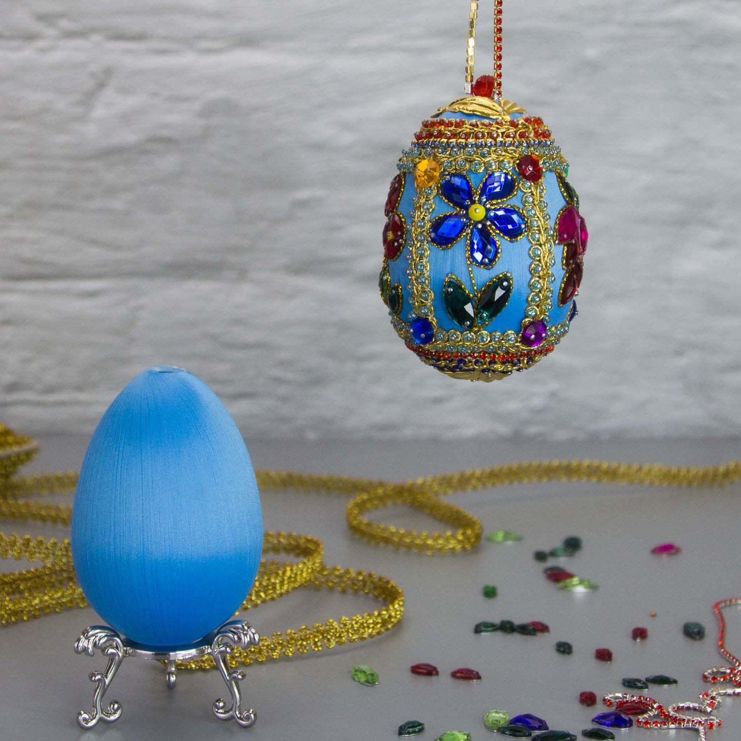 Complete Kit to make Easter Egg Beaded Ornament embellished with flowers, leaves, gold floral trim, and crystal beads. DIY. (Sky Blue).
