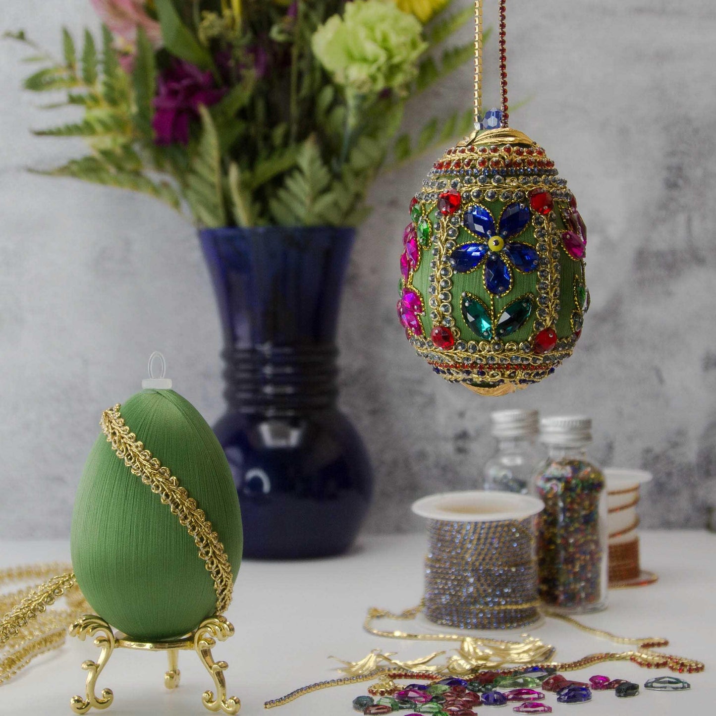 Complete Kit to make Easter Egg Beaded Ornament embellished with flowers, leaves, gold floral trim, and crystal beads. DIY. (Olive).