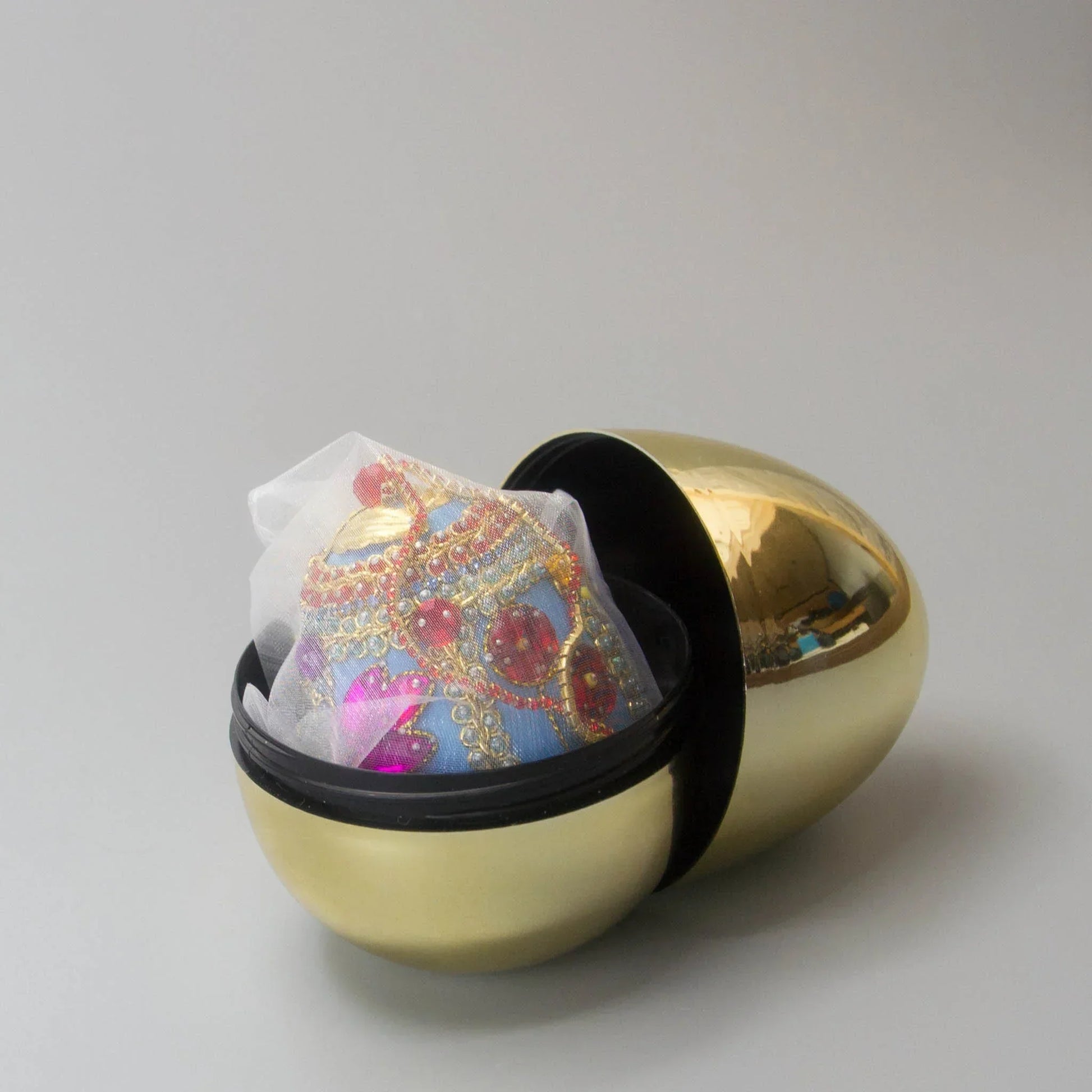 Gold container for Handmade Easter Egg Christmas Satin Ornament, embellished with rhinestones, beads, lace. (Sky Blue).