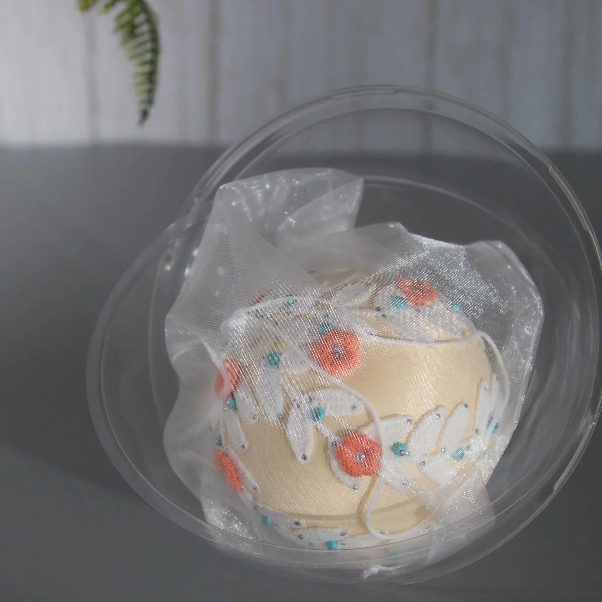 Christmas or Easter Beaded Ornament Ball embellished with flowers, trim, and beads. Handmade. Packaging. (Papaya Whip).