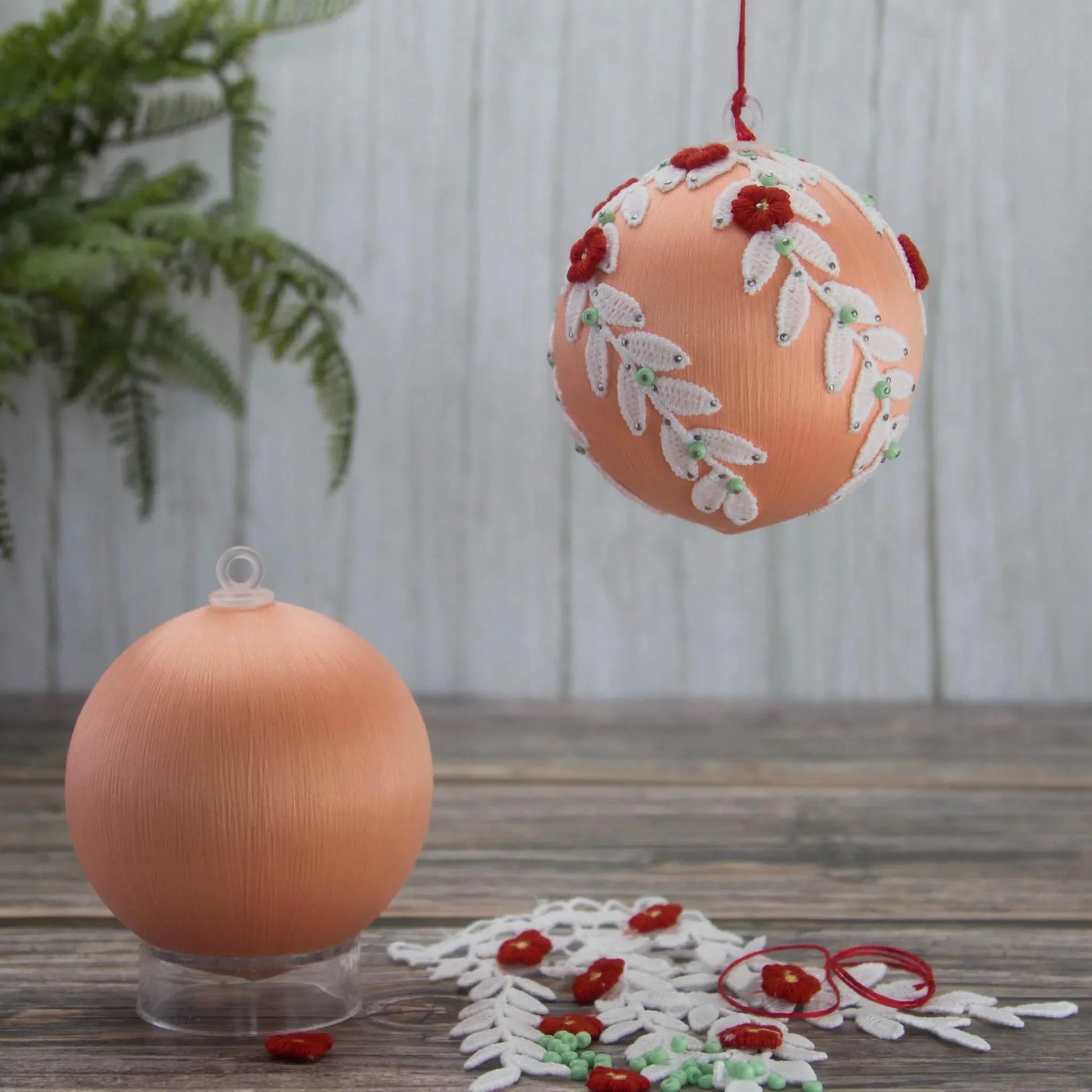 Christmas or Easter Beaded Ornament Ball Kit Project, DIY using pins and embelishments. (Coral).