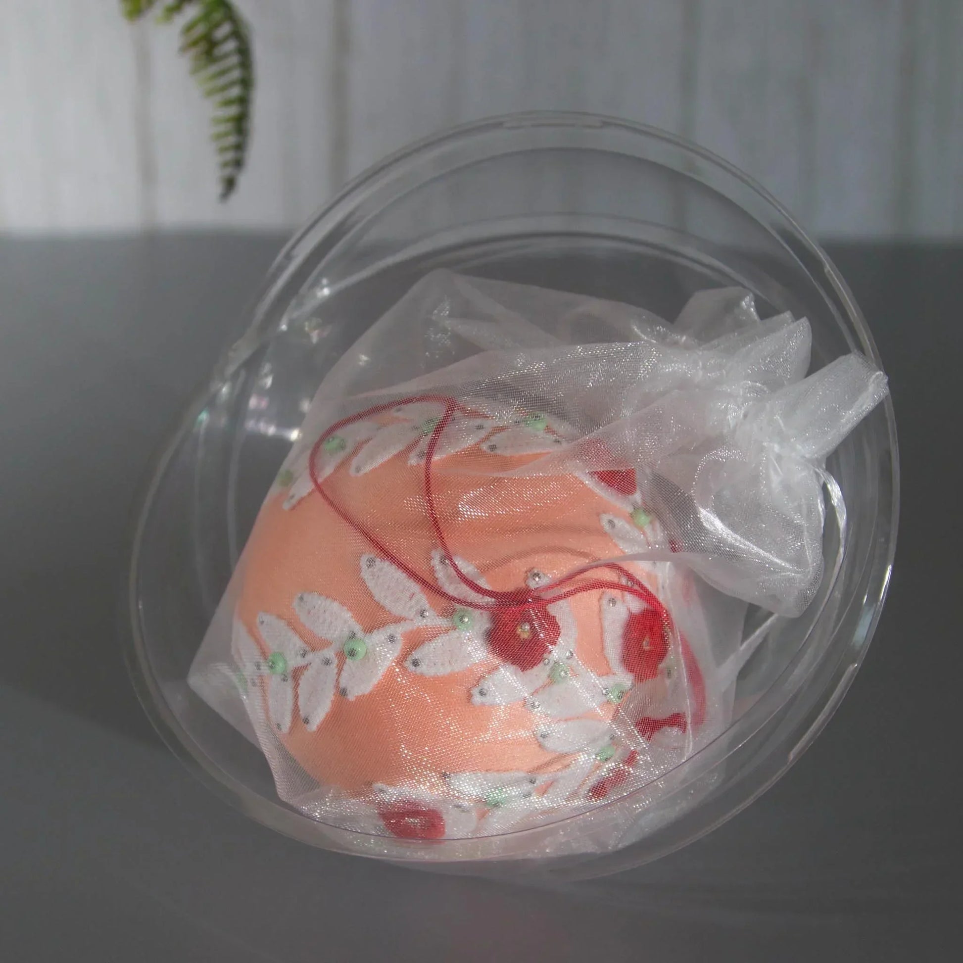 Christmas or Easter Beaded Ornament Ball embellished with flowers, trim, and beads. Handmade. Packaging. (Coral).