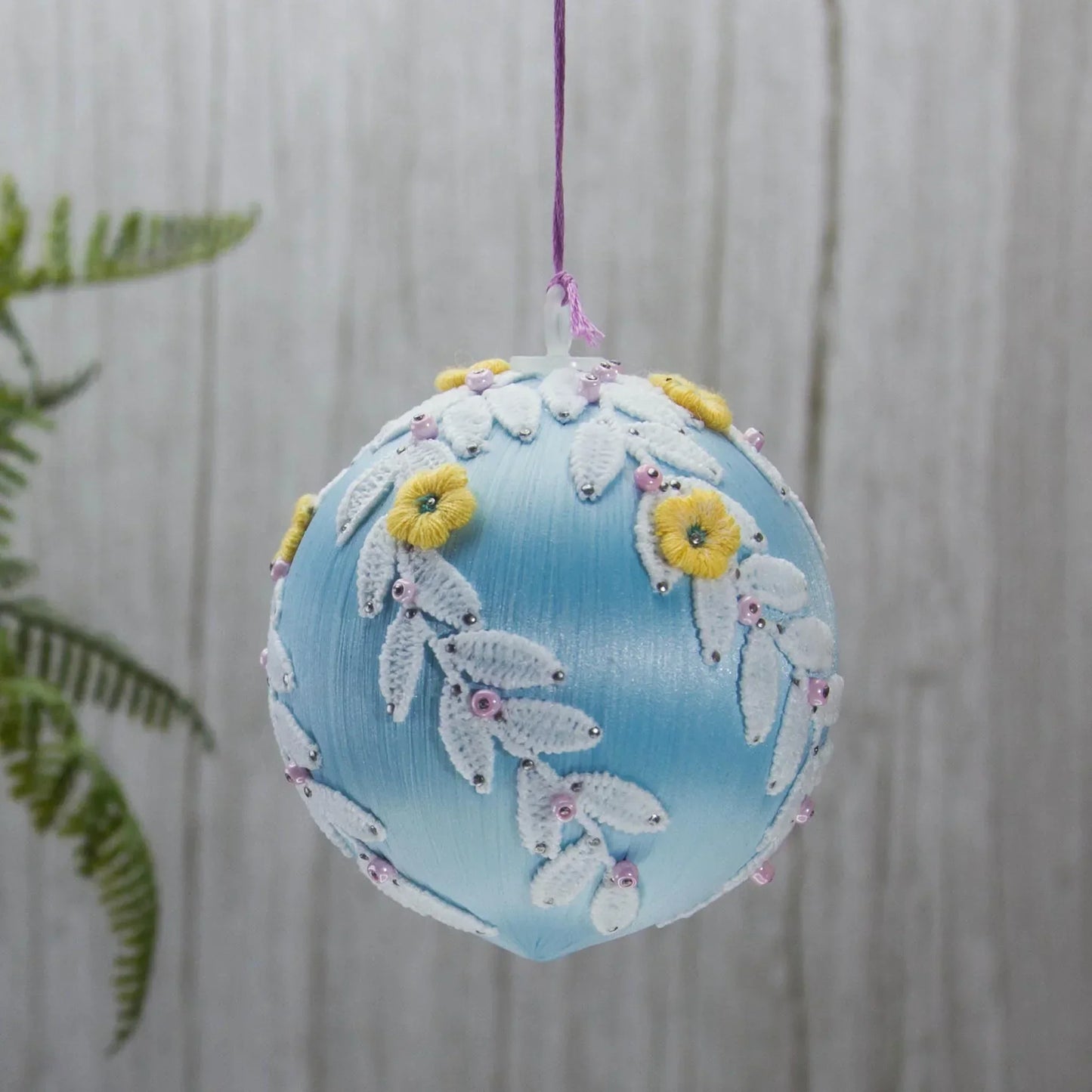 Christmas or Easter Beaded Ornament Ball embellished with flowers, trim, and beads. Handmade. (Light Blue).