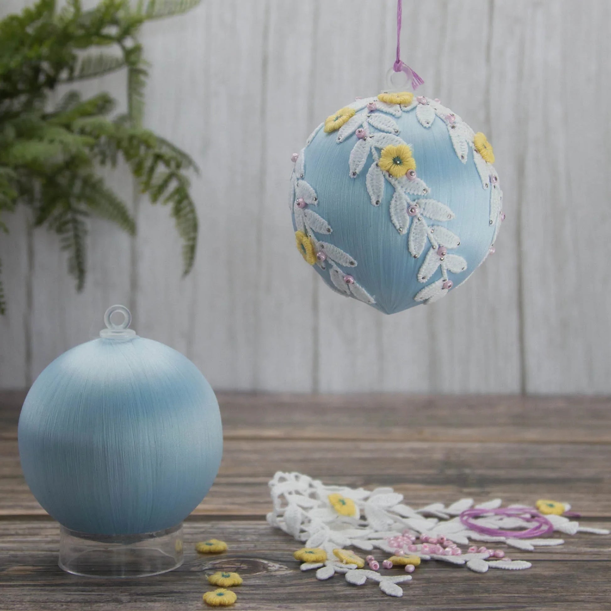 Christmas or Easter Beaded Ornament Ball Kit Project, DIY using pins and embelishments. (Light Blue).