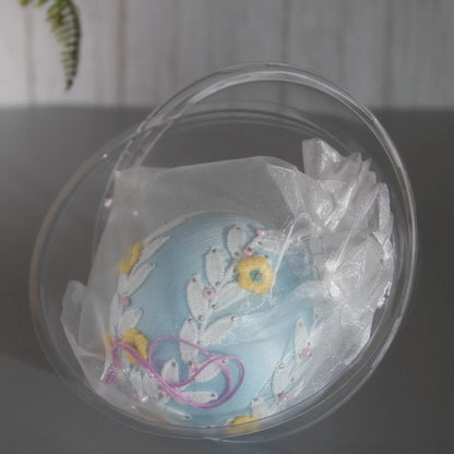 Christmas or Easter Beaded Ornament Ball embellished with flowers, trim, and beads. Handmade. Packaging. (Light Blue).