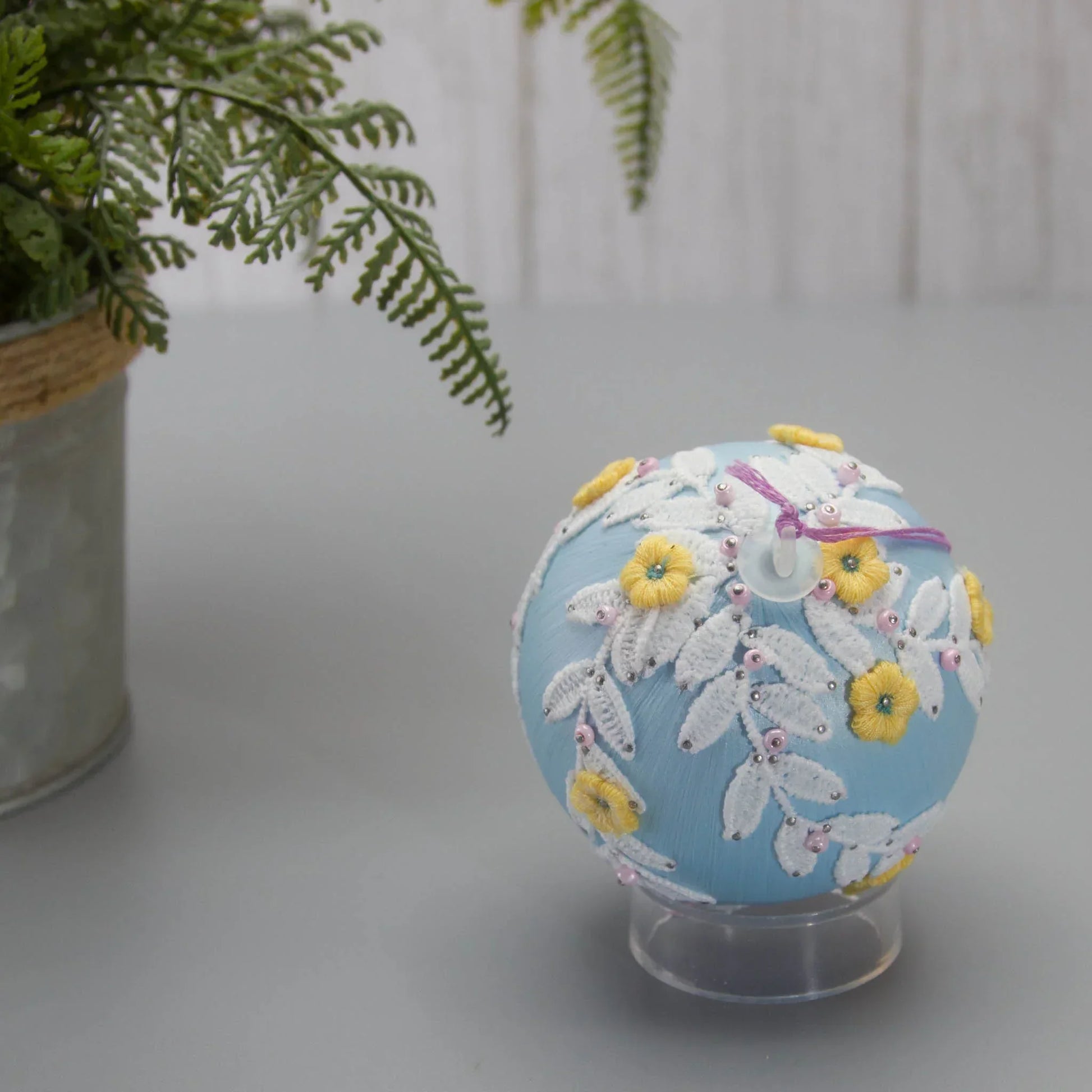 Christmas or Easter Beaded Ornament Ball embellished with flowers, trim, and beads. Handmade. Top Detail. (Light Blue).