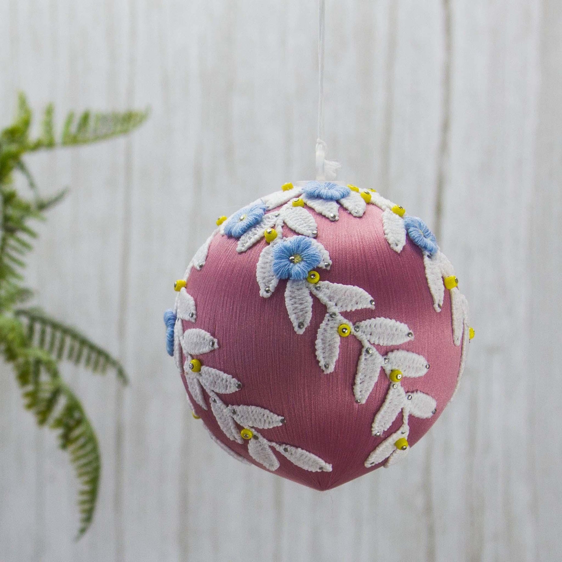 Christmas or Easter Beaded Ornament Ball embellished with flowers, trim, and beads. Handmade. (Pale Violet Red).