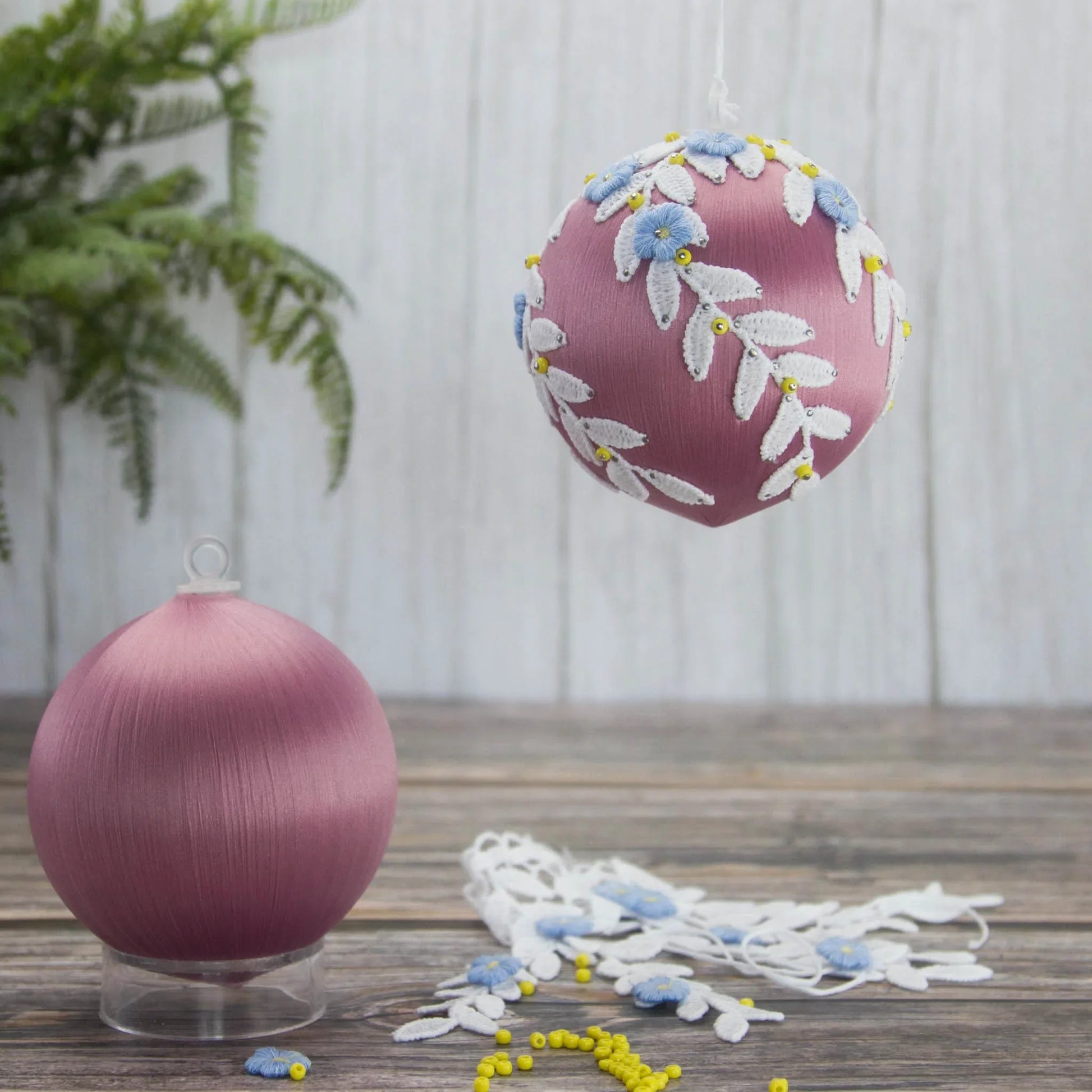 Christmas or Easter Beaded Ornament Ball Kit Project, DIY using pins and embelishments. (Pale Violet Red).