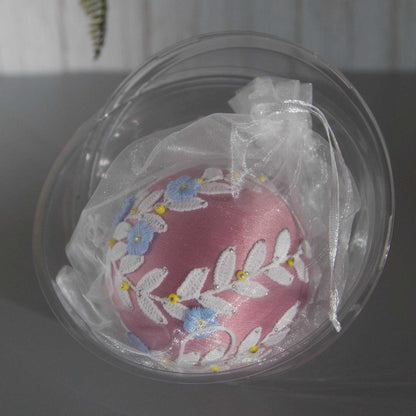 Christmas or Easter Beaded Ornament Ball embellished with flowers, trim, and beads. Handmade. Packaging (Pale Violet Red).