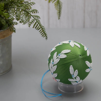 Christmas or Easter Beaded Ornament Ball embellished with flowers, trim, and beads. Handmade. Bottom Detail. (Olive).