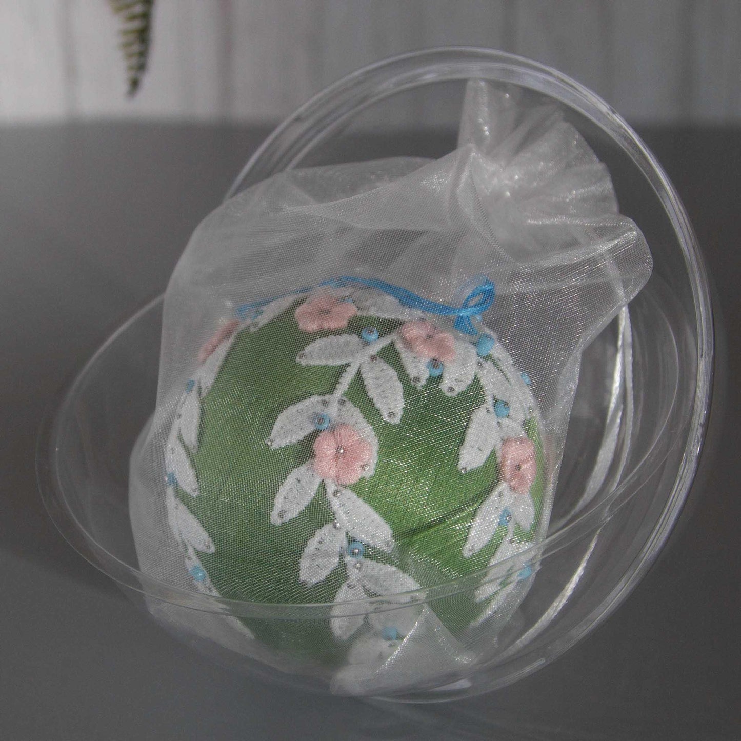 Christmas or Easter Beaded Ornament Ball embellished with flowers, trim, and beads. Handmade. Packaging. (Olive).